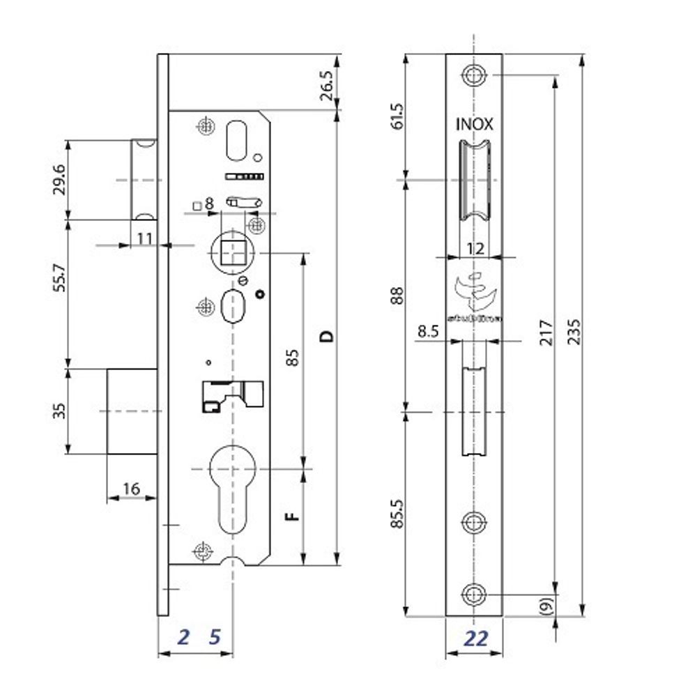 Корпус замка STUBLINA 3020.00 INOX E=25мм м/о 85мм