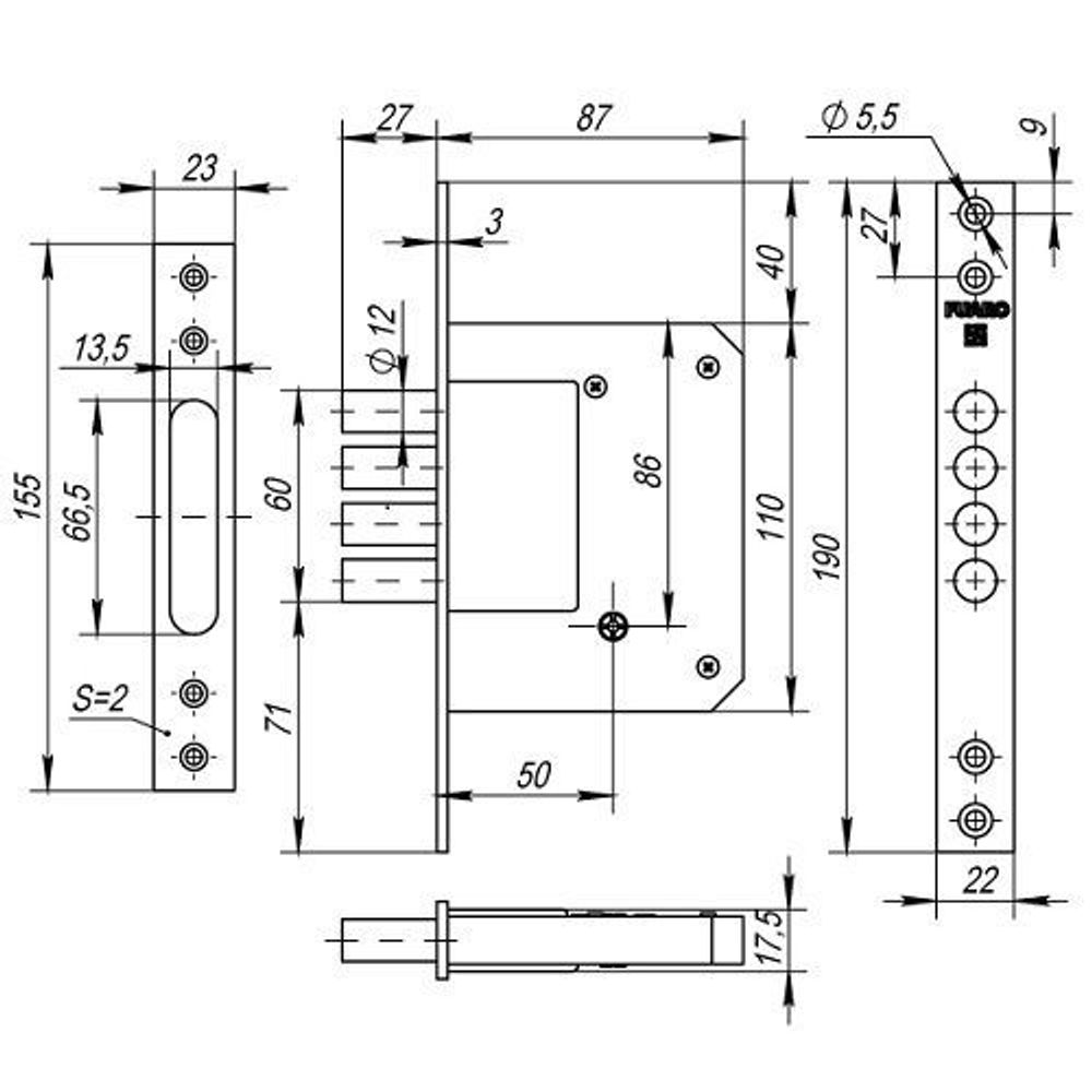 Замок врезной Fuaro 200-4mf/PB 5 ключей