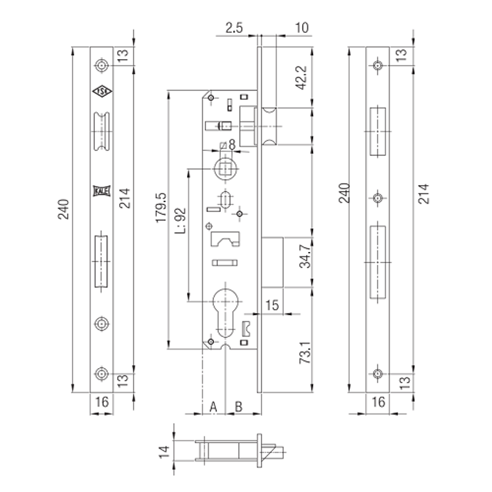 Корпус замка KALE KILIT 192/P (25мм) w/b никель