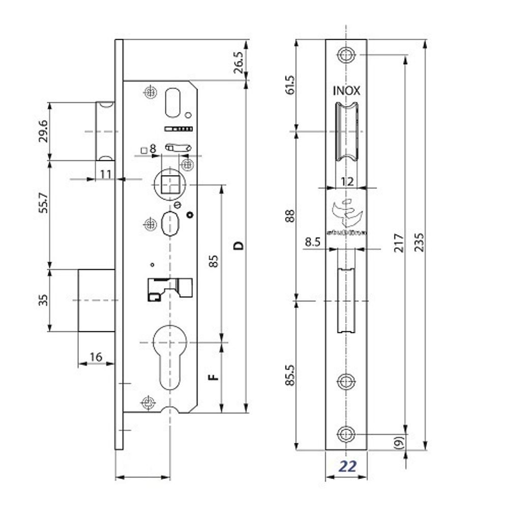 Корпус замка STUBLINA 3022.00 INOX E=35мм м/о 85мм