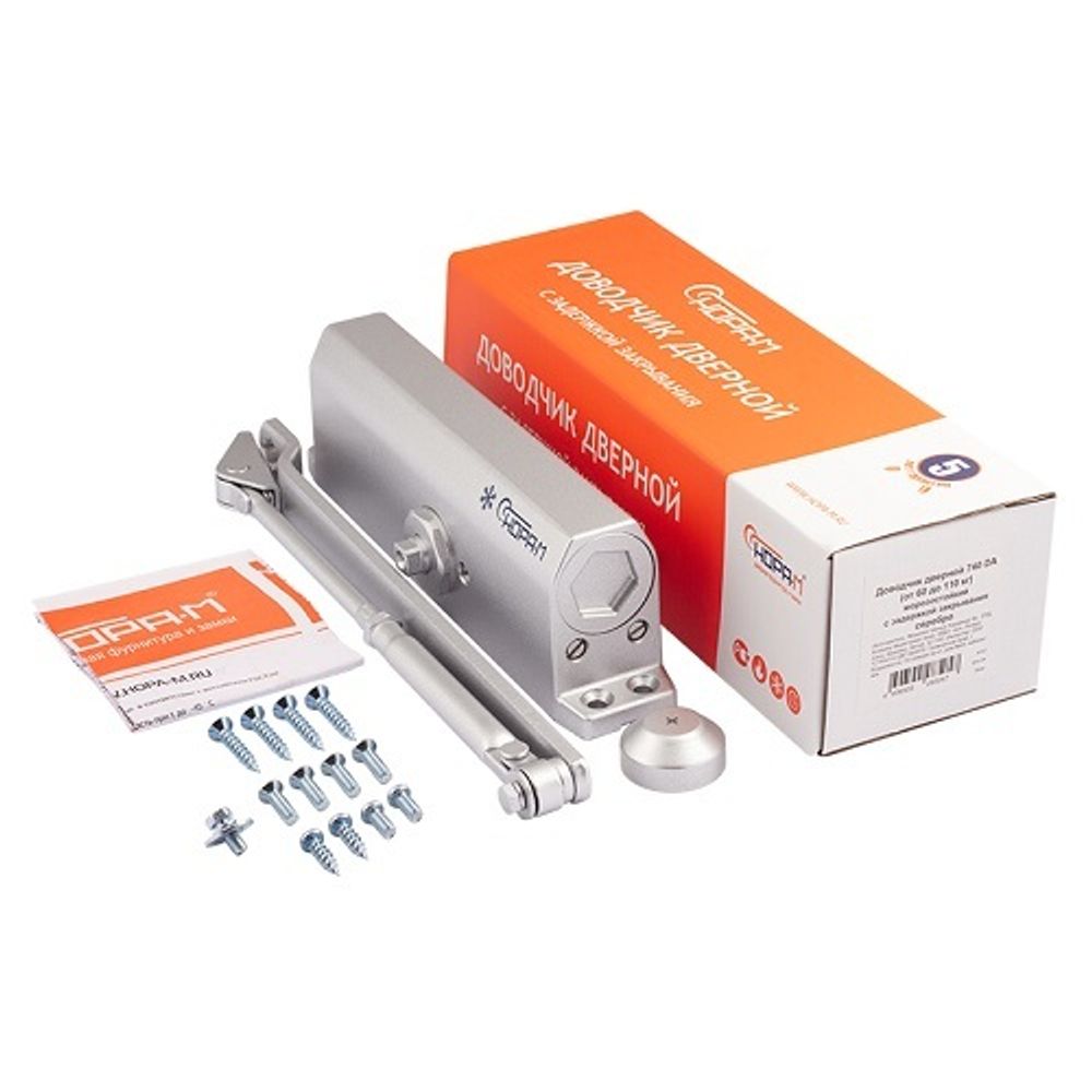 Доводчик дверной морозостойкий НОРА-М 740 DA с задержкой закрывания до 110 кг серебро