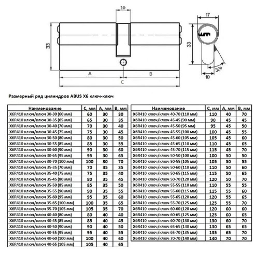 Механизм цилиндровый ABUS X6410 ключ/ключ 55-65 (120 мм) NI (5 key)