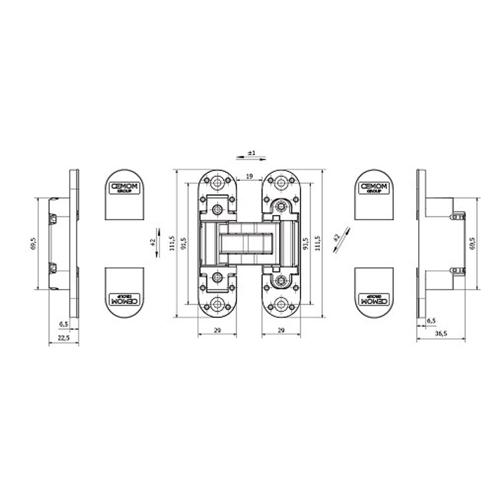 Петля скрытая CEMOM ESTETIC 80/A 3D 8031 латунь, регулируемая, вес полотна 80кг, 29x111,5мм