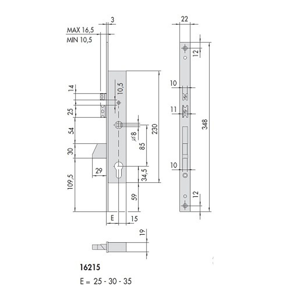 Корпус врезного замка электромеханического CISA 16.215.35.0 (выпадающий ригель) /23321/
