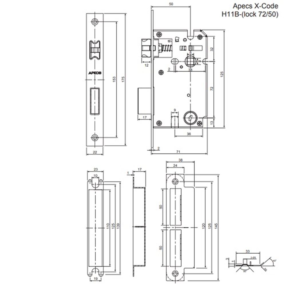 Замок электронный APECS X-Code H11B-(lock 72/50)-NIS/BL