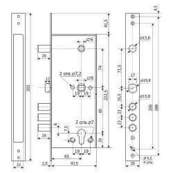 Корпус врезного замка с задвижкой и защелкой ГАРДИАН ЗВ 32.15 /28057/